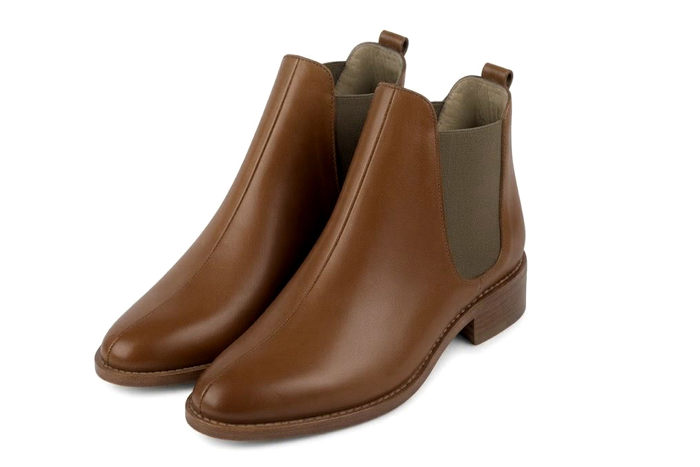 Women's cognac and taupe solid-color chelsea boots with round toe and leather sole - Front view